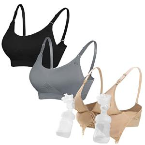 4HOW 3Pack Pumping-Bra Hands Free Breast Nursing Bra for Breastfeeding Wearable Padded for Pregnancy Black Nude Grey X-Large