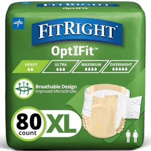 FitRight Adult Diapers, Extra Heavy Absorbency, XL (Waist Size 56in-64in), 80 Count, OptiFit Incontinence Briefs for Men and Women, Disposable, Moisture Wicking, Leak Protection,