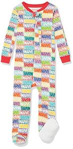 Amazon Essentials Disney | Marvel | Star Wars Unisex Babies' Footed Sleepers, Zip Up Pajamas, Marvel Holiday Bricks, 18 Months
