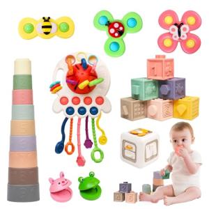 MTTIERY Baby Toys 6-12 Months, 6 in 1 Montessori Toys for Toddlers 1-3, Infant Sensory Pull String Toy, Fidget Spinners Soft Baby Blocks Stacking Cups, Baby Gifts for 1 Year Old