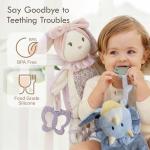 Moonkie Baby Lovey with Silicone Teether, Bunny Security Blanket with Textured Ribbons, Crinkle Toys, Soft Minky Velour & Natural Cotton, Newborn Girl Gift for Baby Shower or Birthday