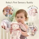 Moonkie Baby Lovey with Silicone Teether, Bunny Security Blanket with Textured Ribbons, Crinkle Toys, Soft Minky Velour & Natural Cotton, Newborn Girl Gift for Baby Shower or Birthday