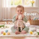 Moonkie Baby Lovey with Silicone Teether, Bunny Security Blanket with Textured Ribbons, Crinkle Toys, Soft Minky Velour & Natural Cotton, Newborn Girl Gift for Baby Shower or Birthday