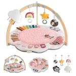 Blissful Diary Baby Play Gym & Activity Mat, 5 Developmental Zones Wooden Tummy Time Mat with 5 Detachable Sensory Toys for Motor Skills & Sensory Development, Baby Essentials Shower Gift, Pink Flower