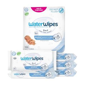 WaterWipes Sensitive+ Newborn & Baby Wipes, 3-In-1 Cleans, Cares, Protects, 99.9% Water, Unscented & Hypoallergenic, 300 Count (5 Packs)
