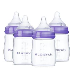 Lansinoh Anti-Colic Baby Bottles, BPA-Free Plastic, 5 Ounces, 4 Count, Slow Flow Nipples (Size S), Breastfeeding Bottle with NaturalWave Design