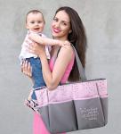 Baby Essentials Diaper Bag Tote 5 Piece Set with Sun, Moon, and Stars, Wipes Pocket, Dirty Diaper Pouch, Changing Pad (Grey/Pink)