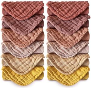 MOON PARK Baby Washcloths, 12 Pack - 12x12 Inches, Small Burp Cloths and Baby Wipes - 100% Cotton Muslin Ultra Soft for Newborn, Infant and Toddlers - Brown, Honey and Bean Paste Series