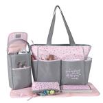 Baby Essentials Diaper Bag Tote 5 Piece Set with Sun, Moon, and Stars, Wipes Pocket, Dirty Diaper Pouch, Changing Pad (Grey/Pink)