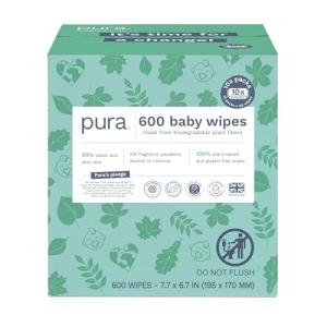 Pura Natural Sensitive Baby Wipes, 99% Water, Unscented & Hypoallergenic, Suitable for Sensitive & Eczema-prone Skin, Hypoallergenic, EWG Verified, 10 Pack of 60 Wet Wipes (600 Diaper Wipes) Bulk Buy