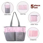 Baby Essentials Diaper Bag Tote 5 Piece Set with Sun, Moon, and Stars, Wipes Pocket, Dirty Diaper Pouch, Changing Pad (Grey/Pink)