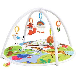 ZILLYBEE Baby Play Gym, ibabejoy Activity Play Mat for Newborn to Toddler, Stage-Based Sensory & Motor Skills Development, 7in 1 Non Slip Language Discovery Platmats with Teether