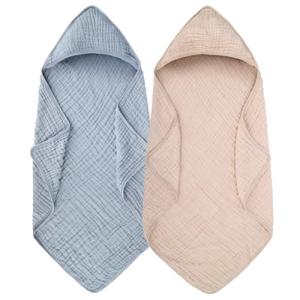 ZOLLEFY 2 Pack Baby Hooded Bath Towel Muslin Cotton 32x32 Inches Brown and Misty Blue Neutral Style Elegant Colors Ultra Soft Absorbent