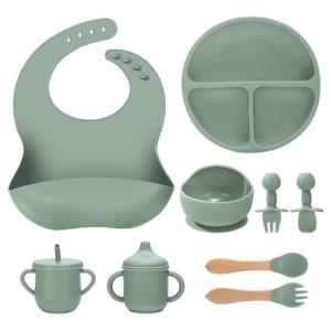 JELLDJK Silicone Baby Feeding Set 9 Pcs, Spill-Proof Suction Plate, Bowl, Bib, Silicone spoon&forks, Wooden Spoons&forks, Training cup with straw and Sippy Cup, Baby Eating Utensils (Green)