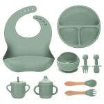 JELLDJK Silicone Baby Feeding Set 9 Pcs, Spill-Proof Suction Plate, Bowl, Bib, Silicone spoon&forks, Wooden Spoons&forks, Training cup with straw and Sippy Cup, Baby Eating Utensils (Green)