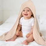 ZOLLEFY 2 Pack Baby Hooded Bath Towel Muslin Cotton 32x32 Inches Brown and Misty Blue Neutral Style Elegant Colors Ultra Soft Absorbent