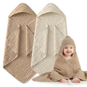 Hooded Baby Bath Towels for Newborn, 2 Pack - 6-Layer 100% Muslin Cotton, Soft Absorbent Baby Towels with Hood for Babies, Infants & Toddlers, Large 32x32 Inch Unisex Newborn Baby Bath Essentials