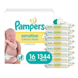Pampers Baby Wipes, Sensitive, Water Based Wipe, Clinically Proven, Hypoallergenic, and Unscented for Babies, 1344 Wipes Total (16 Flip-Top Packs) [Packaging May Vary]
