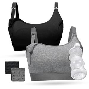 Momcozy Pumping Bra Hands Free, Pumping and Nursing Bra in One Holding Breast Pump for Spectra, Lansinoh, Medela, Black,grey-2pk, Medium