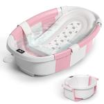 Collapsible Baby Bathtub for Newborn to Toddler 0-36 Months,Spacious Foldable Infant Bath Tub with Thermometer,Cushion & Drain Hole,Portable Travel Tub, Baby Shower Gift Pink