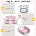 Collapsible Baby Bathtub for Newborn to Toddler 0-36 Months,Spacious Foldable Infant Bath Tub with Thermometer,Cushion & Drain Hole,Portable Travel Tub, Baby Shower Gift Pink