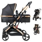 PEARLOVE 2 in 1 Baby Stroller Newborn Foldable Pushchair Folding High Landscape Infant Carriage,Toddler Pushchair Black Baby Stroller