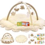 5-in-1 Plush Baby Play Gym, Activity Mat with Convertible Gym, Baby Gym 6 Sensory Toys, Play Center for Newborn to Toddler, Cream