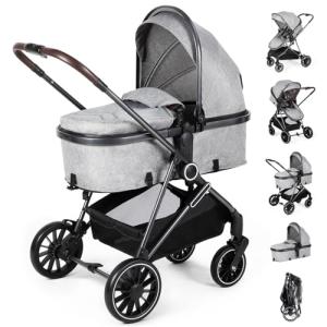 2-in-1 Baby Stroller with Bassinet Mode - Folding Infant Newborn Pram with Reversible Seat - for 0-36 Months Toddler Grey