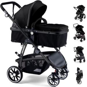 Baby Stroller, 2-in-1 Reversible Toddler Seat with Lie-Flat Mode, Foldable Infant Stroller with Canopy, One Button Brake, Adjustable Handle, Newborn Pushchair (Black B)