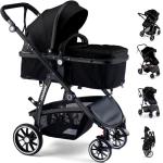 Baby Stroller, 2-in-1 Reversible Toddler Seat with Lie-Flat Mode, Foldable Infant Stroller with Canopy, One Button Brake, Adjustable Handle, Newborn Pushchair (Black B)