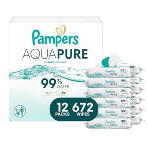 Pampers Aqua Pure Baby Wipes, 99% Water, Fragrance Free, 672 Baby Wipes Total (12X Flip-Top Packs) [Packaging May Vary]