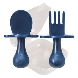 Grabease Baby Feeding Utensils Set - Infant and Baby Fork and Spoon for Ages 1-11 Months, BPAs and Phthalate-Free Cutlery, Plastic, 1 Set, Navy