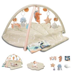 Baby Play Mat, Oversize Shell Tummy Time Mat with 6 Detachable Baby Activity Toys, Baby Gyms & Playmats for Babies 0-6 Months, Baby Essentials Mat for Floor Newborn Baby Shower Gifts (Beige)