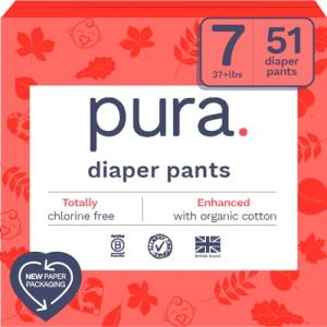 Pura Hypoallergenic Diaper Pants Size 7 (37+ lbs) Overnight, up to 12 Hours Leak Protection, Suitable for Sensitive Skin, Totally Chlorine Free, Soft Organic Cotton, 3 Packs of 17 (51 Pull Up Pants)
