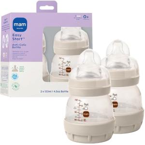 MAM 4.5oz Easy Start Anti-Colic Wide Neck Vented Baby Bottle, Extra Slow Flow Breastfeeding-Like Silicone Nipple, Reduces Colic, Gas & Reflux, Easy to Clean, BPA Free, 0+ Months, Made in Europe