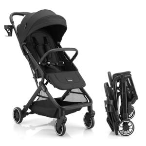 Gromast Compact Fold Baby Stroller, Lightweight Travel Toddler Stroller with One-Click Fold, Extendable UPF50+ Canopy, Cup Holder, UV Protected and Waterproof, One-Hand Folding - Black
