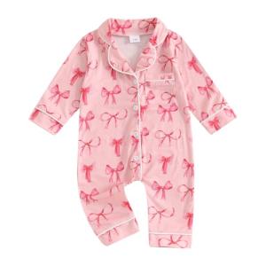 Balaflyie Baby Girl Button Down Pajamas Romper One-Piece Jumpsuit Long Sleeve Sleeper Infant Sleepwear (Ribbon Bow&Pink,6-12 Months)