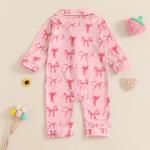 Balaflyie Baby Girl Button Down Pajamas Romper One-Piece Jumpsuit Long Sleeve Sleeper Infant Sleepwear (Ribbon Bow&Pink,6-12 Months)