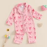 Balaflyie Baby Girl Button Down Pajamas Romper One-Piece Jumpsuit Long Sleeve Sleeper Infant Sleepwear (Ribbon Bow&Pink,6-12 Months)