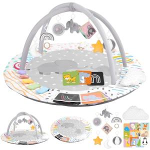 Baby Play Gym & Activity Mat, Tummy Time Mat with Cloud Toy, 7 Detachable Sensory Toys and Educational Cards for Motor Skills & Sensory Development, Baby Essentials Shower Gift, Grey Elephant