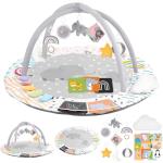 Baby Play Gym & Activity Mat, Tummy Time Mat with Cloud Toy, 7 Detachable Sensory Toys and Educational Cards for Motor Skills & Sensory Development, Baby Essentials Shower Gift, Grey Elephant