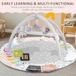Baby Play Gym & Activity Mat, Tummy Time Mat with Cloud Toy, 7 Detachable Sensory Toys and Educational Cards for Motor Skills & Sensory Development, Baby Essentials Shower Gift, Grey Elephant