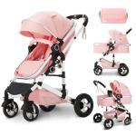 Kinder King 2 in 1 Convertible Baby Stroller, Folding High Landscape Infant Carriage, Newborn Reversible Pram, Adjustable Canopy, Diaper Bag, Pink