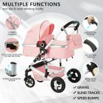 Kinder King 2 in 1 Convertible Baby Stroller, Folding High Landscape Infant Carriage, Newborn Reversible Pram, Adjustable Canopy, Diaper Bag, Pink