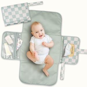 Tiny Twinkle Portable Diaper Changing Pad | Waterproof, Wipeable & Compact Baby Changing Pad for Travel | Smart Wipes Pocket & Organized Storage| Newborn Shower Gift (Sage Checkers)