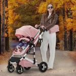 Kinder King 2 in 1 Convertible Baby Stroller, Folding High Landscape Infant Carriage, Newborn Reversible Pram, Adjustable Canopy, Diaper Bag, Pink