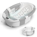 Himold Collapsible Baby Bathtub for Newborn to Toddler 0-36 Months, Spacious Foldable Infant Bath Tub with Thermometer, Cushion & Drain Hole, Portable Travel Tub Grey
