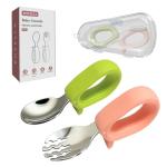 Toddler Utensils, Stainless Steel Baby Forks and Spoons Set with Silicone Handle, Kids Silverware with Portable Storage Case, Baby Feeding Essentials, Dishwasher Safe (Green+Pink)