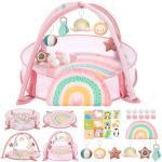 7-in-1 XL Large Baby Play Gym Mat, Tummy Time Mat, Baby Gym & Ball Pit, Baby Activity Mat with Milestone Cards & 6 Detachable Toys for Sensory Motor Skill, Rainbow