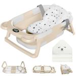 MoreFeel Collapsible Baby Bathtub for Newborn with Thermometer & 1 Hooded Towel & 1 Soft Floating Cushion,Portable Travel Bathtub with Drain Hole, Durable Foldable Baby Tubs for Infants to Toddler